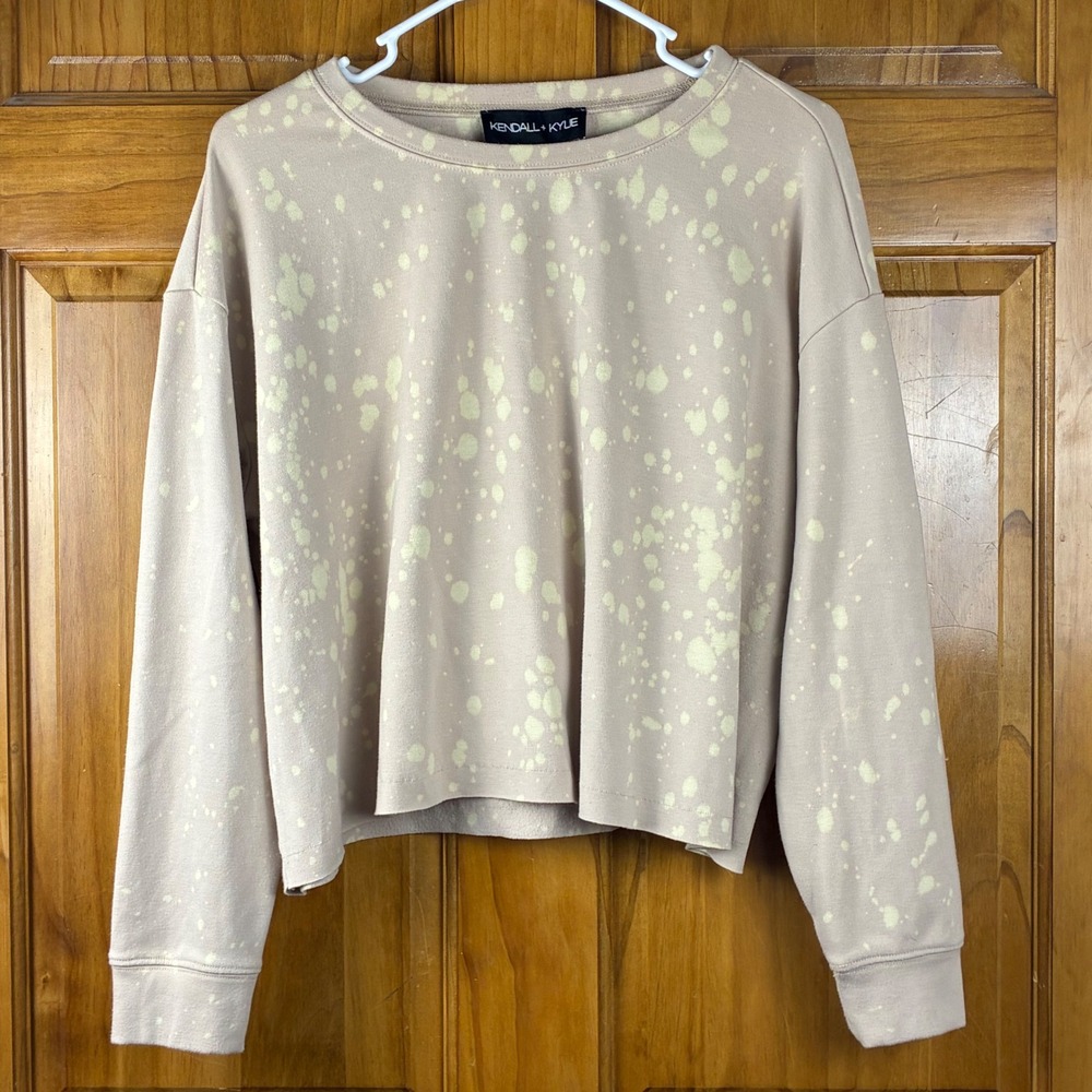 Kendall + Kylie Tan Bleached Splatter Cropped Sweatshirt Medium Tan Streetwear